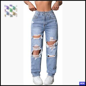 High Waisted Distressed Jeans Straight Leg Casual Ripped Denim Pants